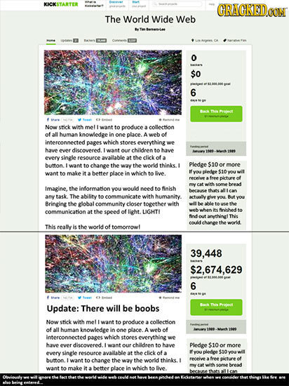 KICKSTARTER CRACKEDOON The World Wide Web 0 $0 6 eelet 4 Now stick with mel want to produce collection of all human knowledge In one place. A web of i