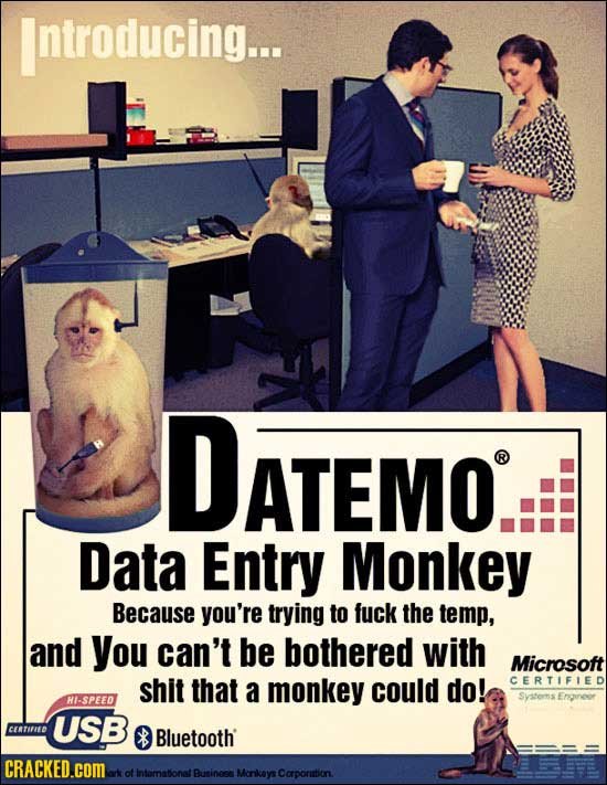 Introducing... DATEMO ATEMO. Data Entry Monkey Because you're trying to fuck the temp, and you can't be bothered with Microsoft shit that monkey could