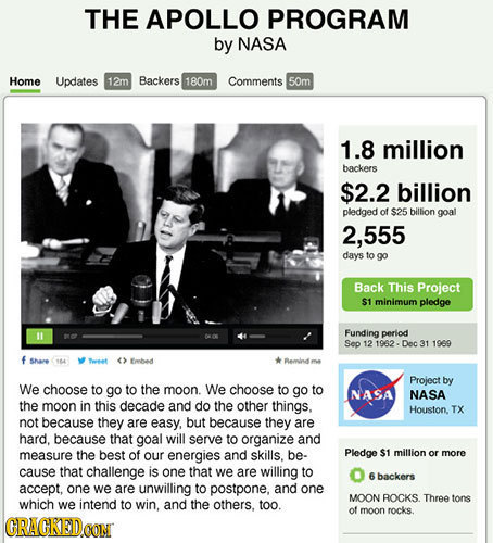 THE APOLLO PROGRAM by NASA Home Updates 12m Backers 180m Comments 5Om 1.8 million backers $2.2 billion pledged of $25 billion goal 555 days to go Back