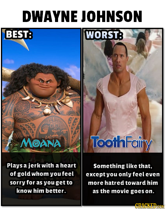 DWAYNE JOHNSON BEST: WORST: MANA ToothFairy Plays a jerk with a heart Something like that, of gold whom youfeel except you only feel even sorry for as