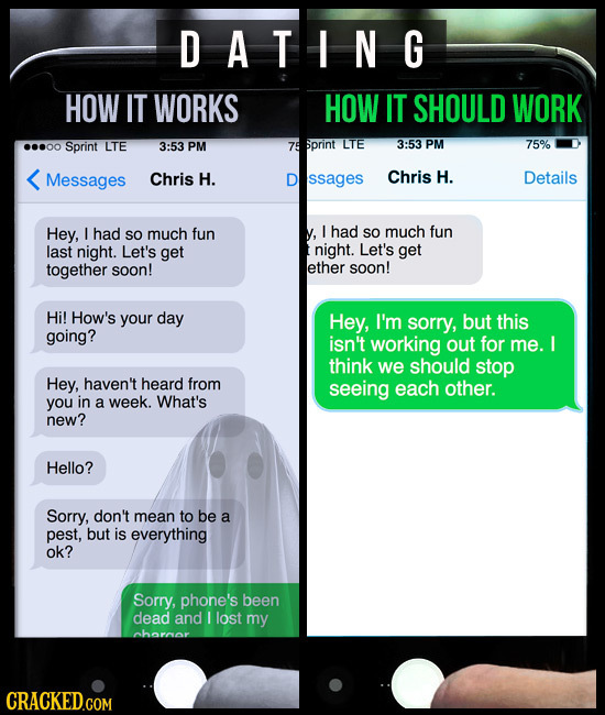 D ATING HOW IT WORKS HOW IT SHOULD WORK .0000 Sprint LTE 3:53 PM 75 5print LTE 3:53 PM 75% Messages Chris H. D ssages Chris H. Details Hey, I had SO m