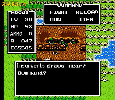 GRACKED CON COMMAND woods FIGHT BELOAD LV 30 RUN ITEM HP 53 AMMO 3 G 847 E65535 RT Insurgents draus near Commandg
