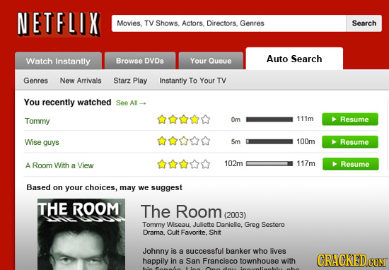 NETFLIX Movies. TV Shows Actors. Directors, Genres Search Watch Browse DVDs Queue Auto Search Instantly Your Genres New Arrivals Starz Play Instantly