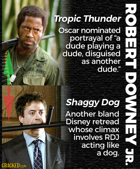 Tropic Thunder Oscar nominated portrayal of a dude playing a dude, disguised as another dude. ARMY Shaggy Dog Another bland Disney retread whose cli