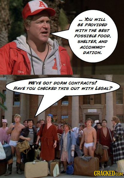 u WILl BE PROVIDED WITH THE BEST POSSIBLE FOOD. SHELTER AND ACCOMMO- DATION. WE'RE GOT DORM CONTRACTS! HARE YOu CHECKED THIS OUT WITH LEGAL?