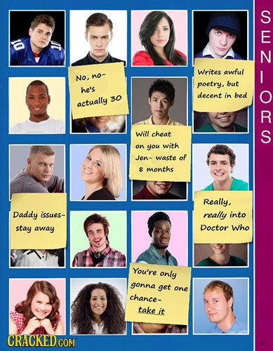 Writes awful No, no- poetry, but he's decent in bed 30 actually Witt cheat on you with Jen- waste of 8 months Really, Daddy issues- really into stay a