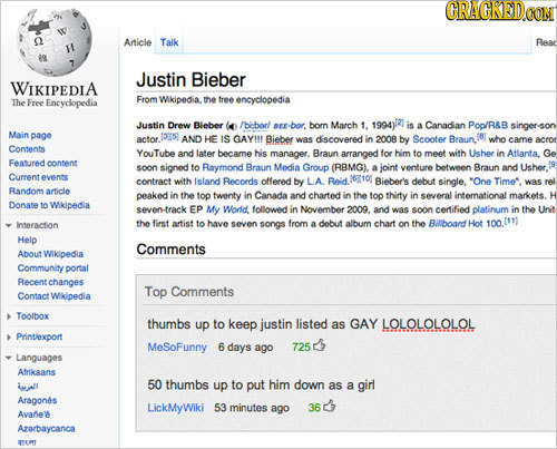 GRACKEDO Article Talk Reac M 89 Justin Bieber WIKIPEDIA From Wikipedia. The Free Encyclopedia the free encyclopedia Justin Drew Bieber (4 /bborl pEr-b
