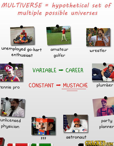 MUL TIVERSE - hypothetical set of multiple possible universes unemployed -kart amateur wrestler enthusiast golfer VARIABLE CAREER CONSTANT MUSTACHE pl