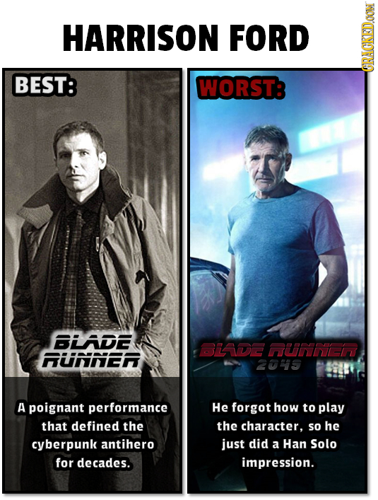 HARRISON FORD BEST: WORST: CRACKEDOON BLADE BLADE RUNNEI HLINNEN 205 A poignant performance He forgot how to play that defined the the character, so h