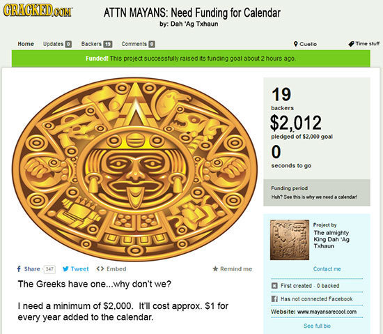 CRACKEDOON ATTN MAYANS: Need Funding for Calendar by: Dah 'Ag Txhaun Home Updates D Backers Comments Cuello Time stuff Funded! This prolect successful