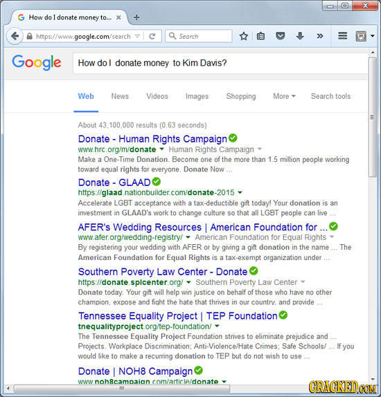 X How do donate money to... x .google.cor search Search Google How do donate money to Kim Davis? Web News Videos Images Shopping More Search tools Abo