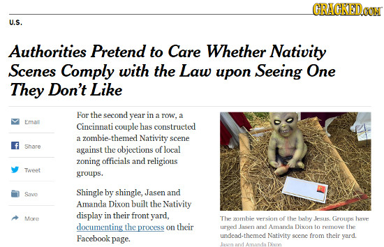 GRACKEDo U.S. Authorities Pretend to Care Whether Nativity Scenes Comply with the Law upon Seeing One They Don't Like For the second year in a ROW, a
