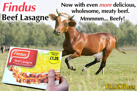 Findus Now with even more delicious, wholesome, meaty beef. Beef Lasagne Mmmmm... Beefy! Findus CPECLAL PAICE 1.29 Beef Lasagne CRACKEDCO 