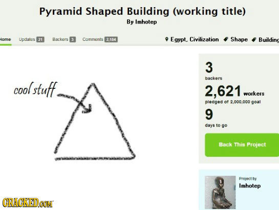 Pyramid Shaped Building (working title) By Imhotep lome Updates 21 Backers Comments 2184 Egypt. Civilization Shape Buildinc 3 backers cool stuff. 2,62