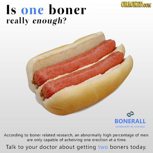 Is one boner GRAGKEDOON really enough? BONERALL (sildenafil dl-citrate) According to boner related research, an abnormally high percentage of men are