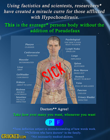 Using factistics and scientests, researchers* have created a miracle curre for those afflicted with Hypochondirasis. This is the average** persons bod