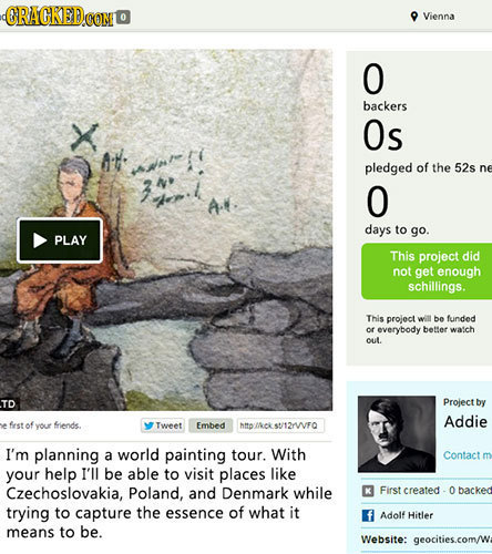 CRAGKED CONT 0 Vienna O backers Os ne pledged of the 52s ne O days to go. PLAY This project did not get enough schillings. This project wll be funded