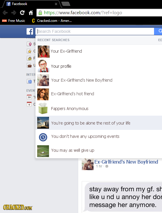 Facebook https://www.facebook.com/?ref=logo FMA Free Music C Cracked.com - -Amer... f ISearch Facebook RECENT SEARCHES S Your Ex-Girlfriend E Your pro