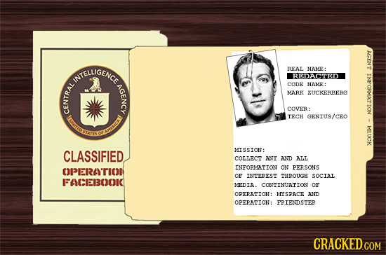 1 WNTELIGENCC RENL NAMR REDACTED AGENCY CODE NAME: D MARK ZUCKERAERG DA. COVER: IMTID TECH GENIUS/CEO MZUCK TES of am MISSION: CLASSIFIED COLLECT ANY