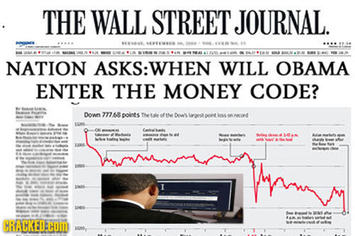 THE WALL STREET JOURNAL. A $ L NATION ASKS: WHEN WILL OBAMA ENTER THE MONEY CODE? Down 77768 points Tetale of tlee Dl Lagest oint loss on Fecond 11206