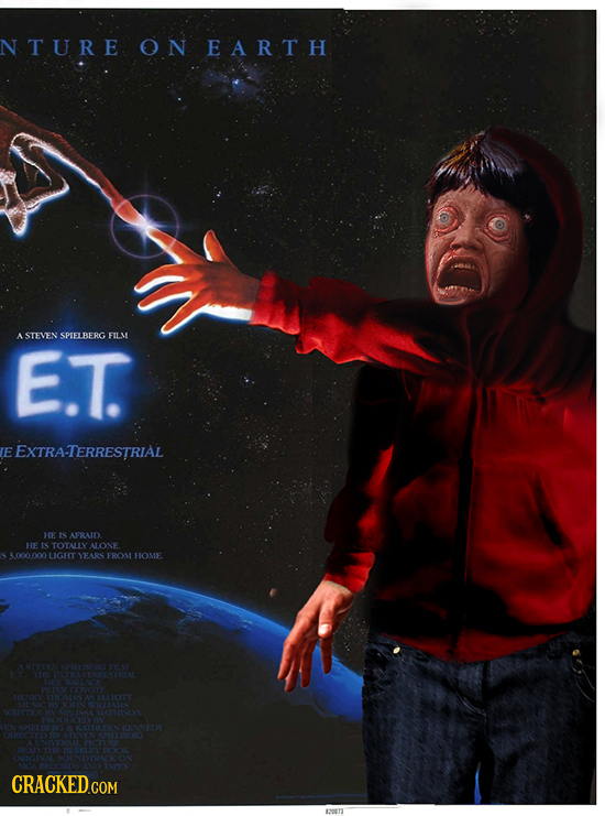 N TURE ON EARTH ASTEVEN SPIELBERG FILM E.T. E EXTRA-TERRESTRIAL HE IS AFRAID HE IS TOTALLY N.ONE 3000.000 LIGHT YEARS FROM HOME. A C 91A6 11N
