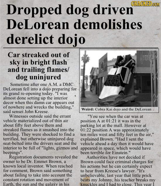 Dropped dog driven DeLorean demolishes derelict dojo Car streaked out of Jore sky in bright flash and trailing flames/ dog uninjured Sometime after on