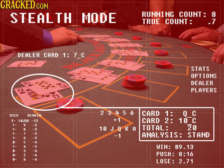 STEALTH MODE RUNNIN COUNT: 8 TRUE COUNT: .7 DEALER CARD 1: 7C STATS OPTIONS DEALER PLAYERS 23456 CARD 1: OC USED REMAIM 3- 18.10K -13 7777777 +1 CARD