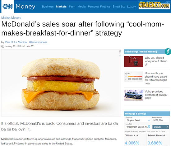 CNN Money CRACKEDOON Business Markets Tech Media Personal Finance Small Biz Luxury Market Movers McDonald's sales soar after following cool-mom- make