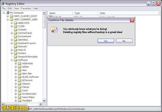 Registry Editor X fe Edit View Favorites Helo M Comouter Names Type Data 4 HKE CLASSES ROOT HKEY CURRENT USER Confirm File Delete x 1 Aoevents A asr Y
