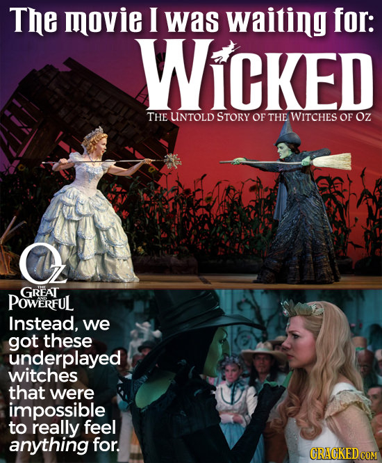 The movie I was waiting for: WiCKED THE UNTOLD STORY OF THE WITCHES OF Oz O GREAT POWERFUL Instead, we got these underplayed witches that were impossi