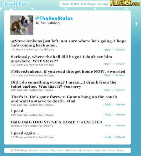 twitter Home Profile Find People Settings Tha RealRufus Rufus Bulldog @SteveJenkens just left, not sure where he's going. I hope he's coming back soon