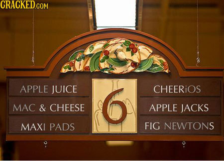 APPLE JUICE CHEERIOS MAC & CHEESE APPLE JACKS MAXI PADS FIG NEWTONS