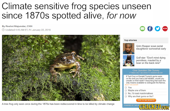 Climate sensitive frog species unseen since 1870s spotted alive, for now By Rorhni Majumdar, CNN Updated 4145AM ET. RrI anuary 22. 2016 Top stories Gr