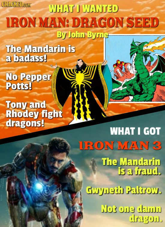 WHAT 1 WANTED IRON MAN: DRAGON SEED By John Byrne The Mandarin is a badass! No Pepper Potts! Tony and Rhodey fight dragons! WHAT I GOT IRON MAN 3 The