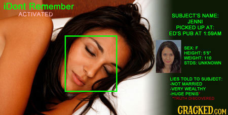 iDont Remember ACTIVATED SUBJECT'S NAME: JENNI PICKED UP AT: ED'S PUB AT 1-59AM SEX: F HEIGHT 5'5 WEIGHTO 110 STDS: UNKNOWN LIES TOLD TO SUBJECT: -NO