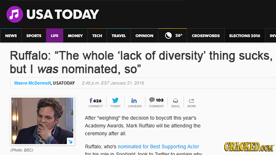 SATODAY NEWS SPORTS LIFE MONEY TECH TRAVEL OPINION 26 CROSSWORDS ELECTIONS2016 IN Ruffalo: The whole 'lack of diversity' thing sucks, but I was nomin