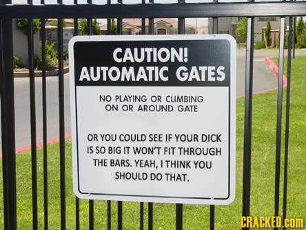 CAUTION! AUTOMATIC GATES NO PLAYING OR CLIMBING ON OR AROUND GATE OR YOU COULD SEE IF YOUR DICK IS so BIG IT WON'T FIT THROUGH THE BARS. YEAH, I THINK