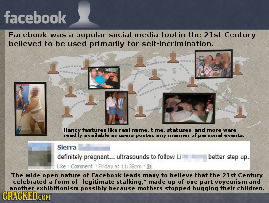 facebook Facebook was a popular social media tool in the 21st Century believed to be used primarily for self-incrimination. Handy features like real n