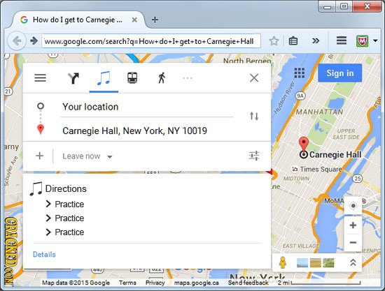 X G How do I get to Carnegie... x iww.googlecom/search?q:Howwdorlget+to+CamnegittHall North Rernen Sign in X 21 River 9A Your location MANHATTAN 11 hu