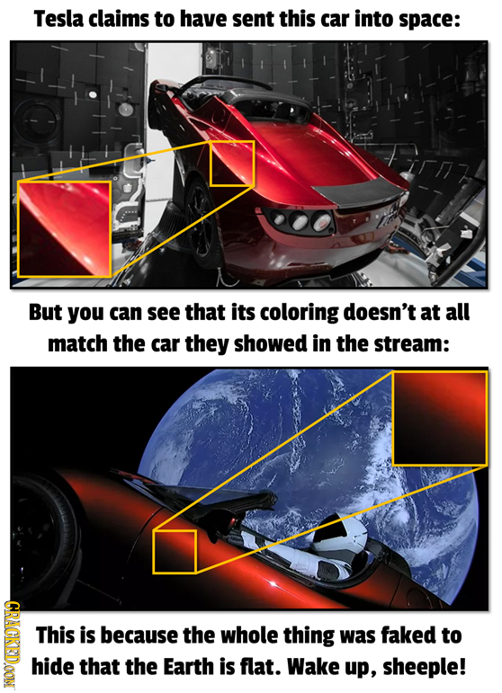 Tesla claims to have sent this car into space: But you can see that its coloring doesn't at all match the car they showed in the stream: 2 This is bec