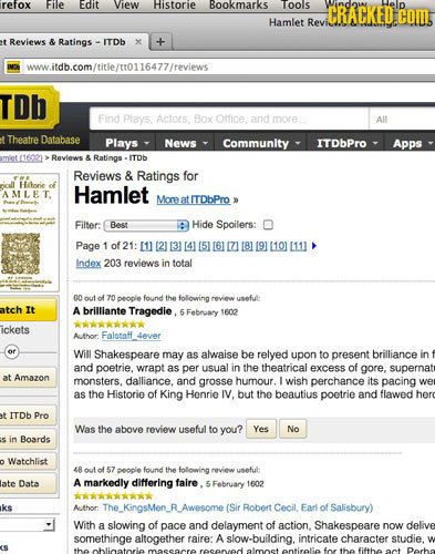 refox File Edit View Historie Bookmarks oos CRACKED COM, Hamlet Revi Reviews & Ratings ITOh www.itdb.com/title/n0116477/reviews TDb Find Plays. Actors