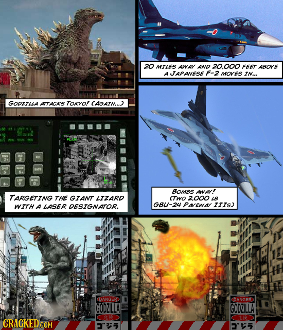 20 MTLES AWAY AND 20.000 FEET ABORE A JAPANESE F-2 MOVES IN... GODzILLA ATTACKS TOKYO! CAGATN... 61 BOMBS AWAY! TARGETING THE GIANT LIZARD CTWo 2.000
