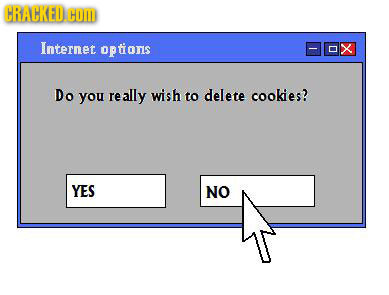 CRACKED COM Internet options X Do you really wish to delete cookies? YES NO 