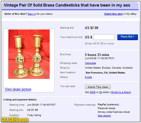 Vintage Pair Of Solid Brass Candlesticks that have been in my ass Seller of this ifem? Sian in for your status Watch this item in My eBay Starting bid