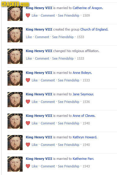 CRACKEDC King Henry VITI is married to Catherine of Aragon. Like Comment See Friendship 1509 King Henry VIII created the group Church of England. Like