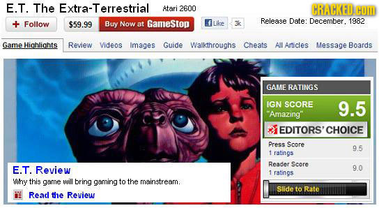 E.T. The Extra-Terrestrial Atari 2600 CRACKED COM Follow Gamestop Release Date: 1982 $59.99 Buy Now Like 3k December. at Game Highlights Review Videos