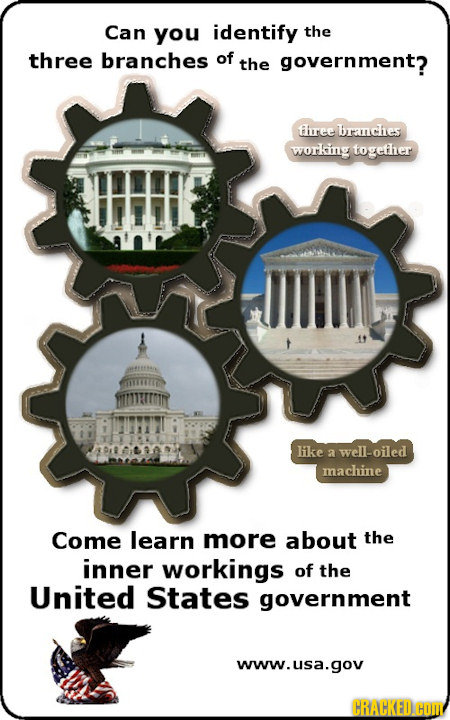 Can you identify the three branches of the government? firee branches working together like well-oiled 2 machine Come learn more about the inner worki