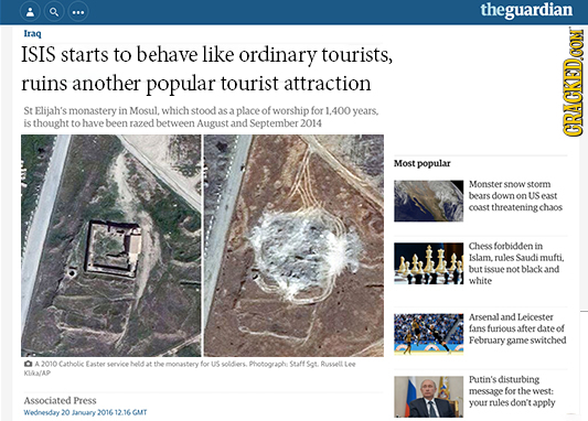 theguardian Irag ISIS starts to behave like ordinary tourists, ruins another popular tourist attraction St Elijah's monastery in Mosul. whichstood as 