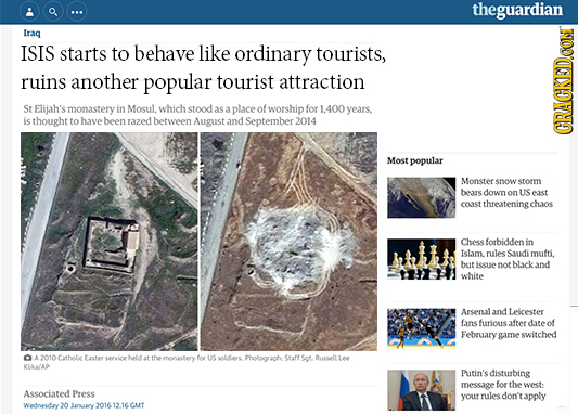 theguardian Irag ISIS starts to behave like ordinary tourists, ruins another popular tourist attraction St Elijah's monastery in Mosul. whichstood as