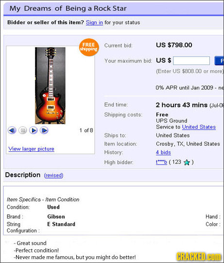 My Dreams of Being a Rock Star Bidder or seller of this item? Sign in for your status FREE Current bid US $798.00 shpping Your maximum bid: US $ P (En